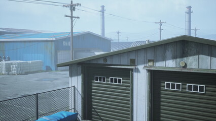 On a cloudy day, two storage units stand quietly next to a working manufacturing site. Power lines stretch across the scene, capturing a moment in a bustling industrial area.