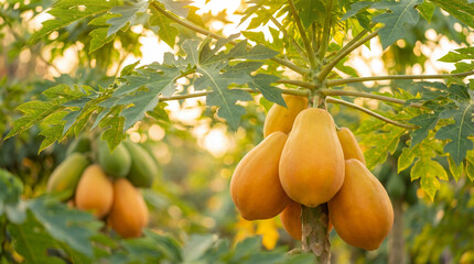 Papayes m&ucirc;res de couleur jaune orang&eacute; suspendues &agrave; un papayer dans un verger ensoleill&eacute;