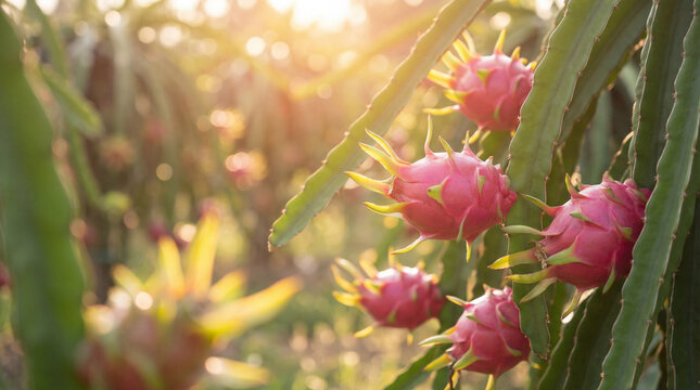 Fruits du dragon roses et charnus poussant sur des cactus dans une plantation baign&eacute;e par la lumi&egrave;re du soir