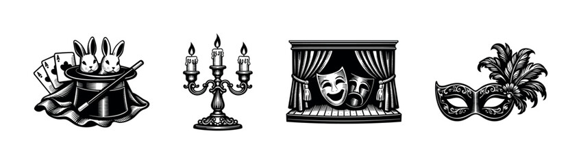Fototapeta premium Magic and theatre flat vector icons set: illusions, drama, and masks collection