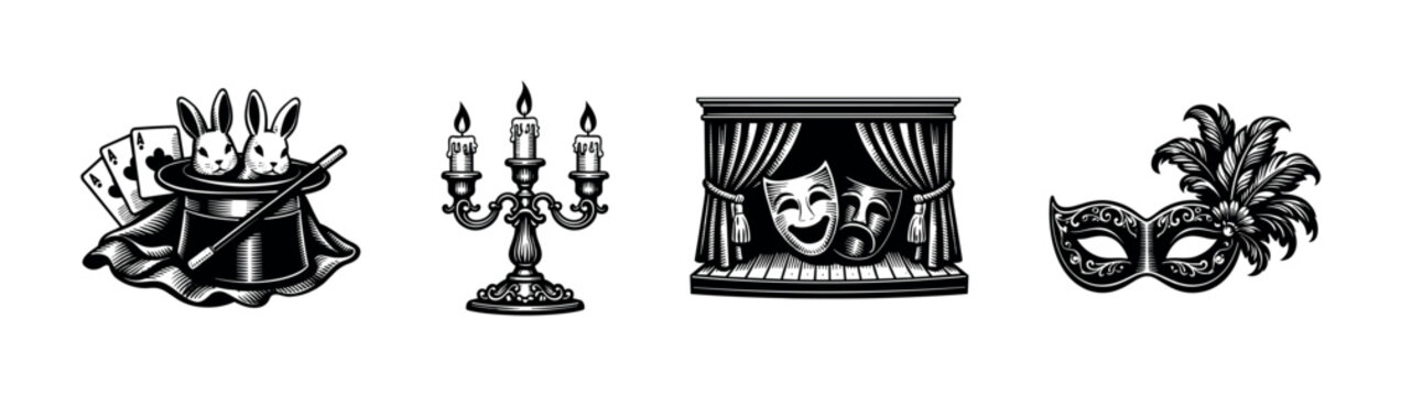 Magic and theatre flat vector icons set: illusions, drama, and masks collection