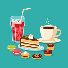 Sweet Treats Assortment: Cake, Coffee, Drink, Macarons, Pastries