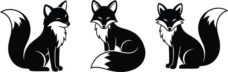 Fototapeta premium Three black and white illustrations of foxes in different poses