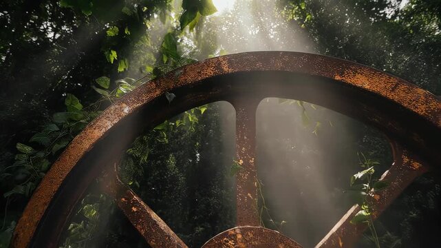 Abandoned Waterwheel in Forest Setting.