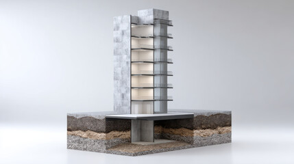 Architectural cross section model of modern high rise building showing floors and foundation with soil layers