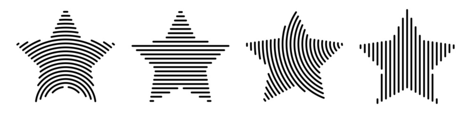 Set of stars composed of parallel lines, straight and rounded. Vector design assets.