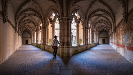Obraz premium A serene moment in a historical architectural corridor with intricate arches