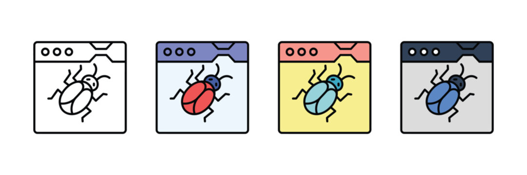 Software bug icon vector. Web browser with beetle symbol for computer virus, malware alert, coding error, and software testing set. Vector Illustration.
