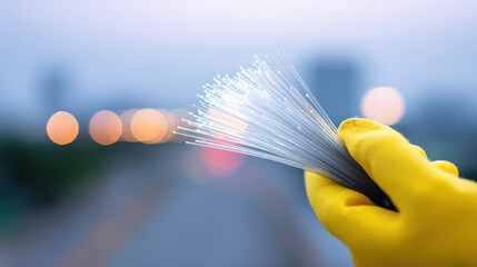 Fiber optic strands held by hand with yellow glove, glowing tips with blurred city lights background
