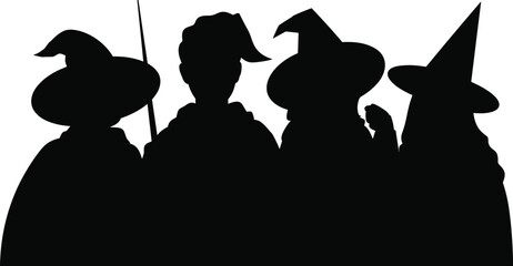 Halloween witch and wizard silhouettes group, spooky magic characters isolated on white background for festive design illustration © Amena