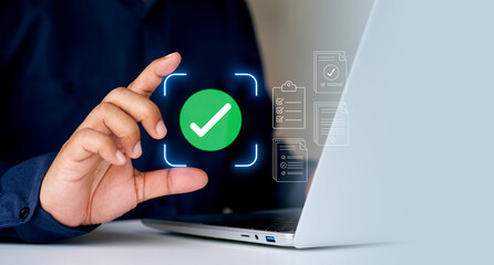 Businessman mark off items on digital checklist, Quality assurance technology, representing...