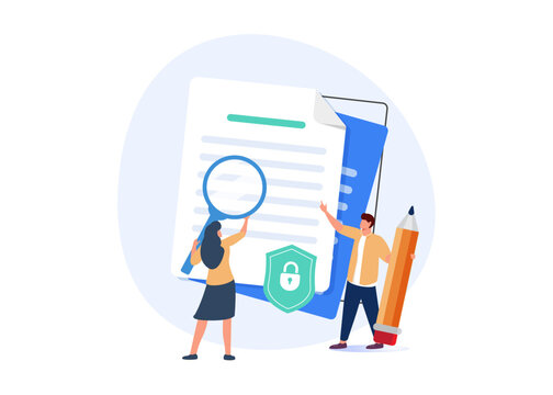 Data security experts reviewing protected document stock illustration.