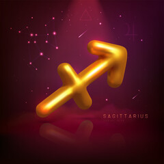 Naklejka premium 3d metallic magic astrology Sagittarius zodiac sign and constellation on space background. Vector illustration