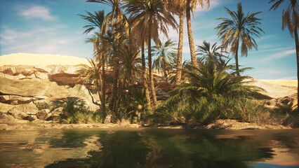 Obraz premium Nestled in a serene desert, this oasis showcases lush palm trees swaying gently in the breeze, with crystal clear water reflecting the warm sunlight. A peaceful escape from the arid surroundings.