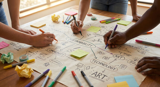 Diverse group of young people brainstorming ideas for sustainability project on large paper mind map