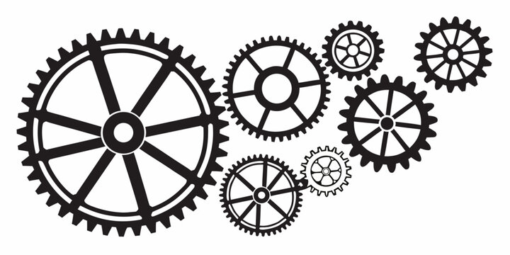 Intricate mechanical gears arranged in a circular pattern with a central gear. Vector