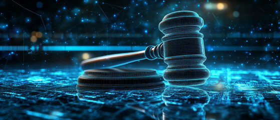 A symbolic representation of justice, embodied by a digital hammer on a technological surface, will serve as the primary background for legal websites or presentations on blockchain.