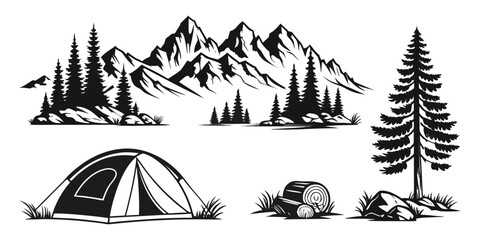 A scenic camping site nestled in the mountains with a tent and campfire Vector © nalu