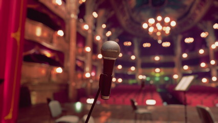 Obraz na płótnie Canvas Bright lights illuminate an empty theater, creating an inviting atmosphere. A microphone stands poised at the front, ready for artists to deliver memorable performances in this grand setting.