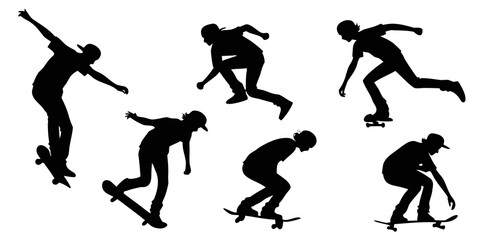 Diverse skateboarding silhouettes showcasing various tricks and stances on a skateboard Vector © nalu