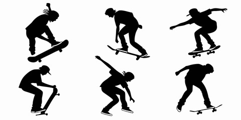Silhouettes of skateboarders performing various tricks in a dynamic sequence Vector © nalu