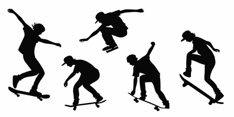 Silhouettes of people performing various skateboarding tricks in a sequence Vector © nalu