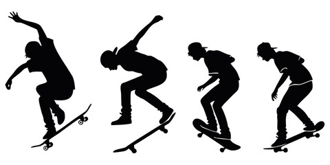 Silhouette of a skateboarder performing various tricks on a skateboard Vector © nalu