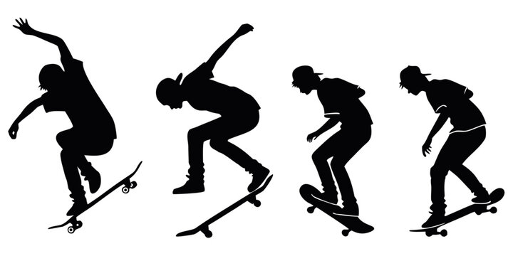 Four silhouettes of skateboarders performing tricks in a row. Vector