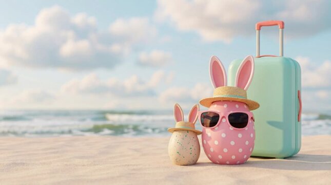 Two Easter eggs with bunny ears and a straw hat wear pink sunglasses next to a mint suitcase on a sunny beach with calm ocean waves