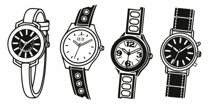 A collection of four vintage wristwatches showcasing different styles and designs Vector