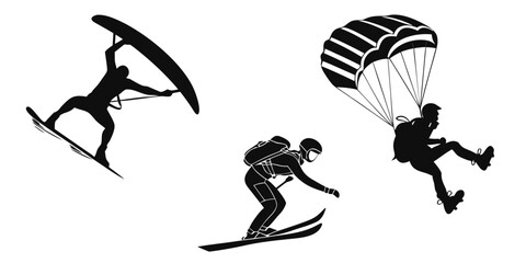 Three individuals engaging in different extreme sports activities against a white background Vector © nalu