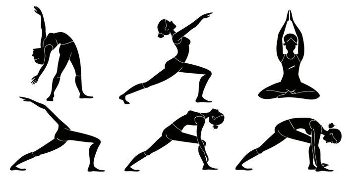 A diverse group of people performing various yoga poses in a sequence Vector