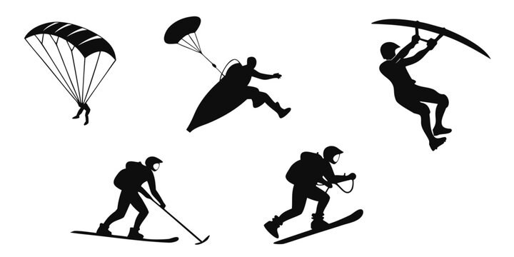 Extreme sports enthusiasts performing various aerial and winter activities. Vector