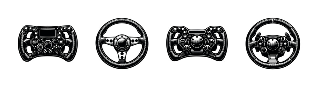 Gaming steering wheels flat vector icons set. console and racing controllers collection