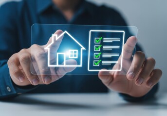 Hands interacting with a futuristic holographic interface displaying a house and a checklist for smart home management