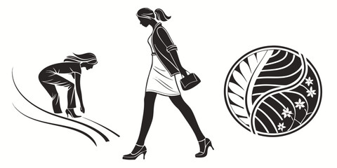 A woman in a dress stands next to a man kneeling and a circular abstract shape. Vector © nalu