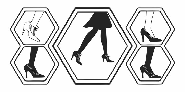 A collection of stylish women's shoes and boots in a hexagonal pattern. Vector