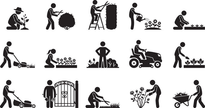 Gardening and landscaping icons set, black silhouette workers planting mowing trimming watering and garden maintenance