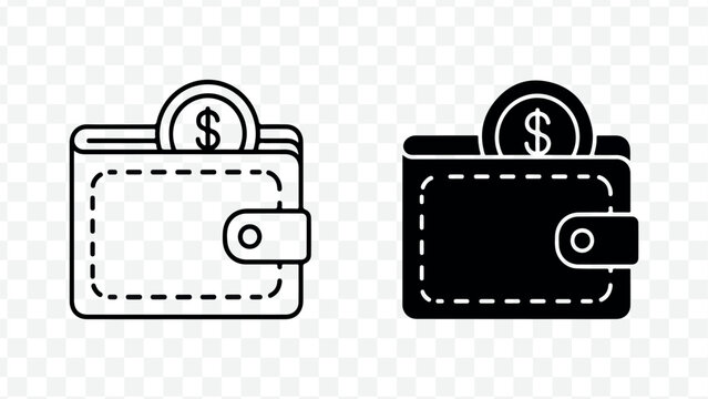 Two vector wallets with dollar coins on top, one white and one black, isolated on transparent background