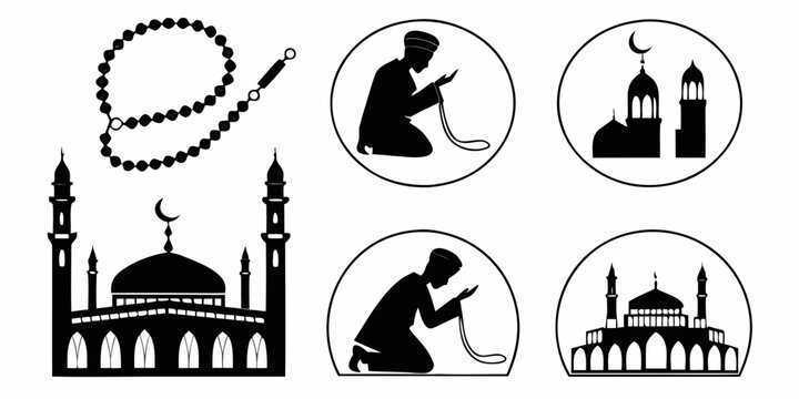 Depictions of islamic prayer times and practices with mosque iconography Vector
