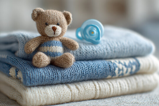 Soft knitted teddy bear and baby pacifier resting on a stack of warm blue and white cozy sweaters for a newborn or infant's comfort and care setting