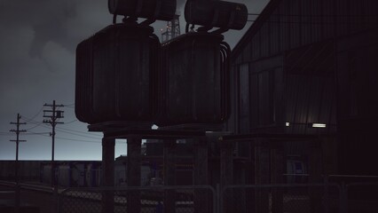 In an industrial setting during dusk, large machinery stands silently amidst a darkening sky. Power lines stretch into the distance, creating a stark, atmospheric backdrop. © icetray