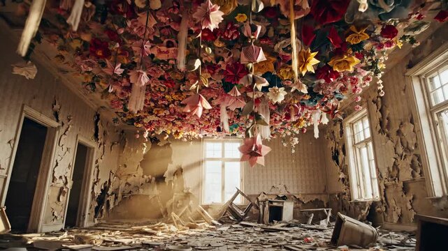 Abandoned Room with Floral Ceiling - A Hauntingly Beautiful Decay.