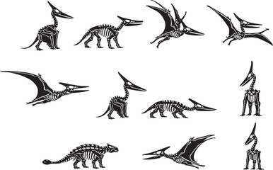 Black and White Dinosaur Line Art Collection with Various Species Poses © luu