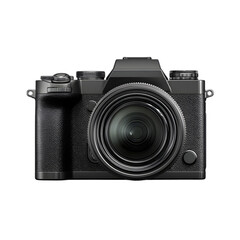 Black camera body with lens attached showing various buttons and dials on the top and sides with textured surface and large lens ring.