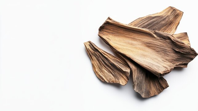 Aromatic oud wood chips displayed on a clean white surface for incense and fragrance