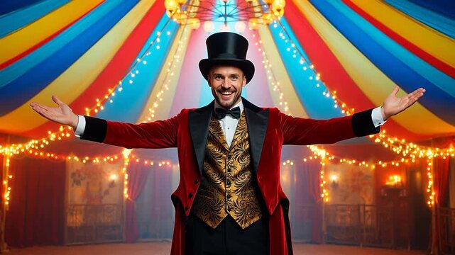 Circus ringmaster in colorful tent