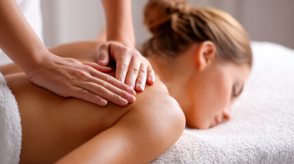 Fototapeta premium Woman receiving a relaxing therapeutic massage on back while lying on a towel in a calm and soothing spa environment for wellness and stress relief