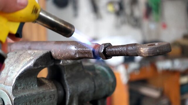 Close-up of heating an old rusty threaded connection with a gas torch. The technician applies a direct flame to expand the metal, facilitating the disassembly of seized parts during repair work.