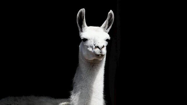 white llama on a black background Water droplets falling down after rain slow motion